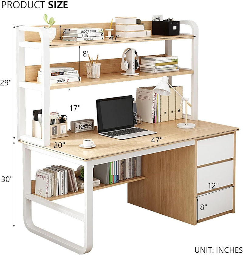 Home Office Desk with Bookshelf and 3 Drawers PC Study Writing Desk Student Writing Study Table Modern Simple Computer Desk/Workstation(47 Inch, Gray)