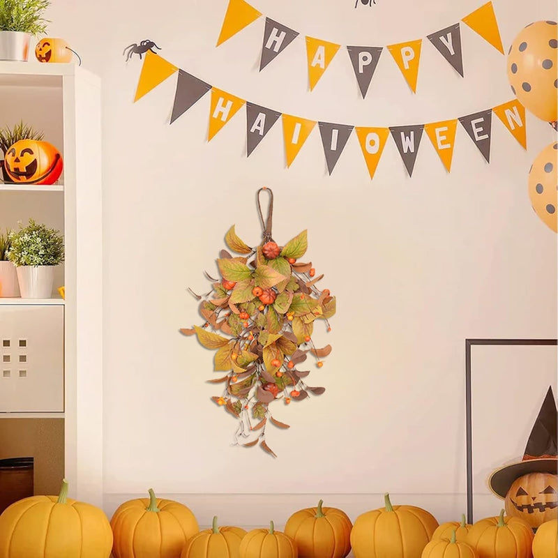 19.7Inch Fall Harvest Teardrop Swag, Simulation Flower Harvest Door Swag Wreath, Wall Hanging Autumn Wreath with Pumpkin Maple Leaf Berries for Front Door Thanksgiving Decor, A