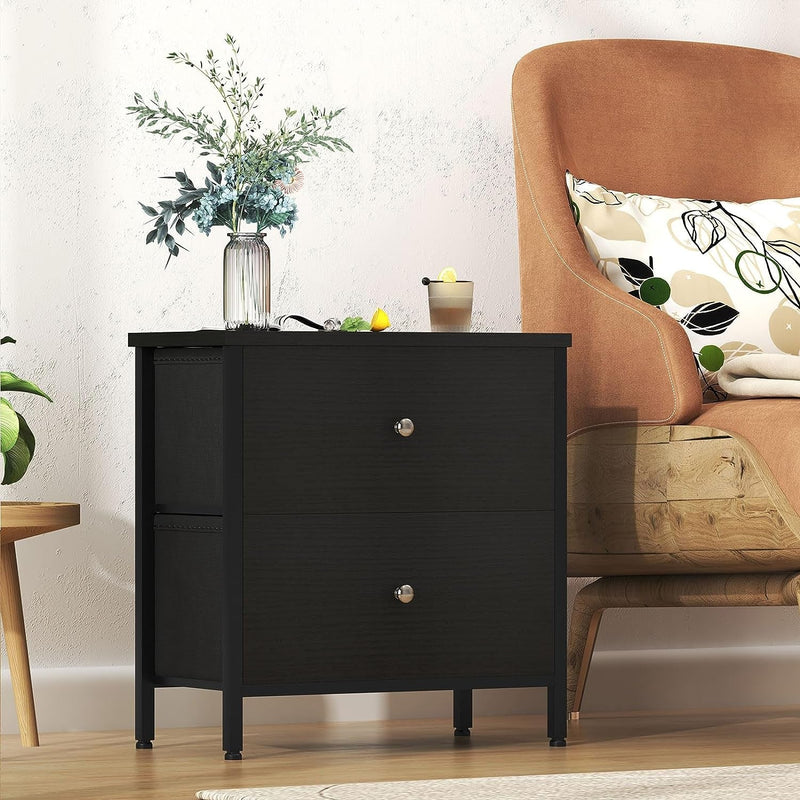 BOLUO Black Nightstand 2 Drawer Dresser for Bedroom,Small Night Stand End Table with Fabric Drawers Modern