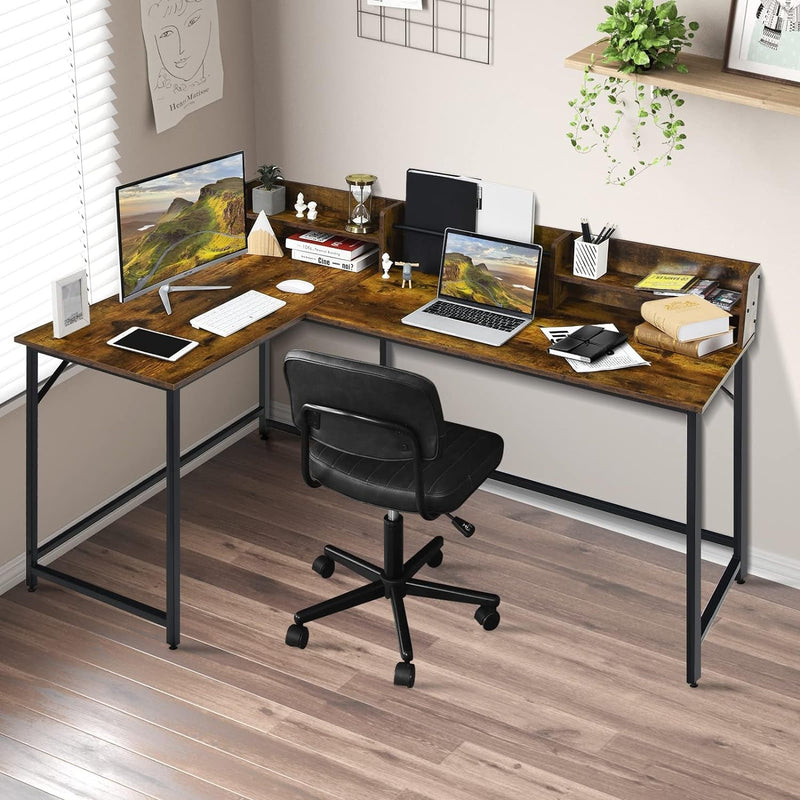 COSTWAY L-Shaped Computer Desk with Hutch, Space-Saving Corner Computer Desk with File Rack & 2 Shelves, 66.5” Industrial Table with Heavy-Duty Steel Frame, for Home Office Study Room (Rustic Brown)