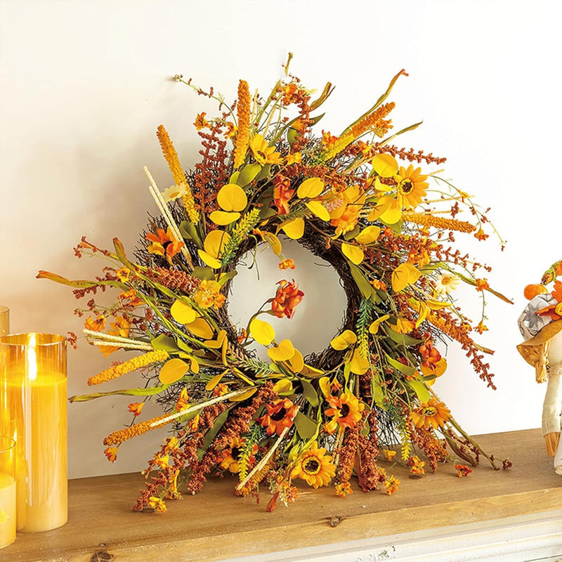 20Inch Fall Wreaths for Front Door, Sunflower Autumn Wreath for Front Door Farmhouse Indoor Outdoor(Small Sunflower, 20 Inch)