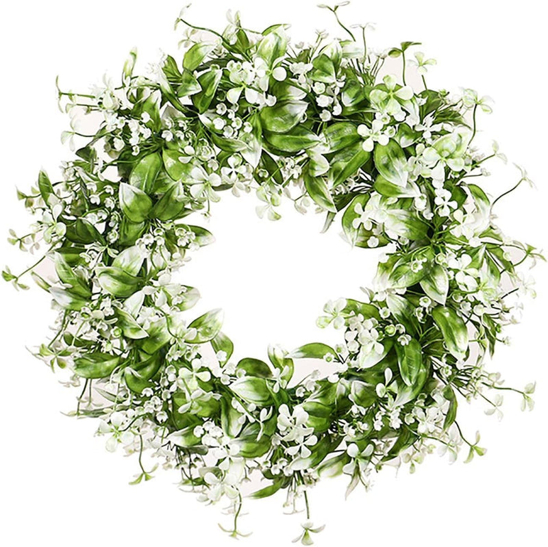 Emivery Artificial Flower Wreath, Fake White Babys Breath Wreath Artificial Wreath with Green Leaves for Front Door Wedding Home Party Decor