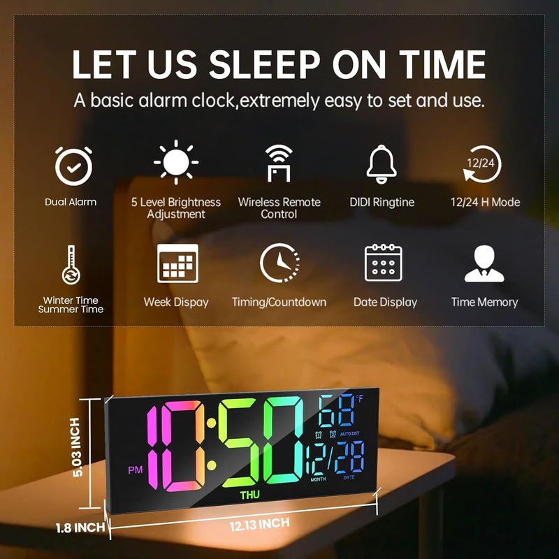 Digital Wall Clock Large Display, 13" Large Digital Wall Clock with RGB Color Remote Control, Automatic Brightness Dimmer Big Clock with Night Lights, Auto DST, Date Week,Perfect for Gift