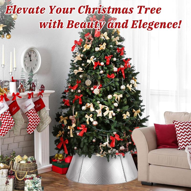 Brightever Metal Christmas Tree Skirt, 28In Diameter Christmas Tree Collar with Unique Line Pattern, Silver Tree Skirt for Pencil Tree, Christmas Tree Stand Cover for Bedroom Xmas Tree, Pets-Friendly