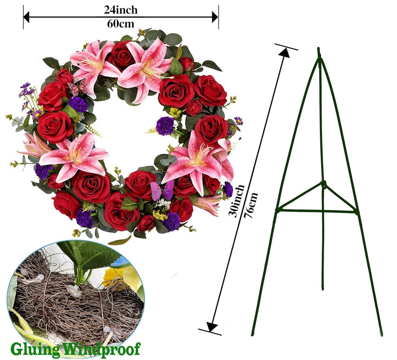 Cemetery Wreaths for Graves with 30 Inch Easel Stand,Handmade Headstone Wreath Flower with Hanger, Artificial Rose Lily Daisy and Carnation,Red/Pink