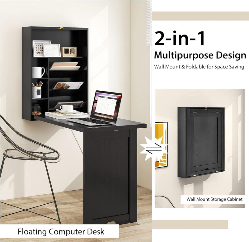 Folding Wall Mounted Desk, Fold down Desk with Storage Shelves, Wood Convertible Desk for Small Spaces, Murphy Desk Wall Mount, Floating Desk for Home Office (Black)