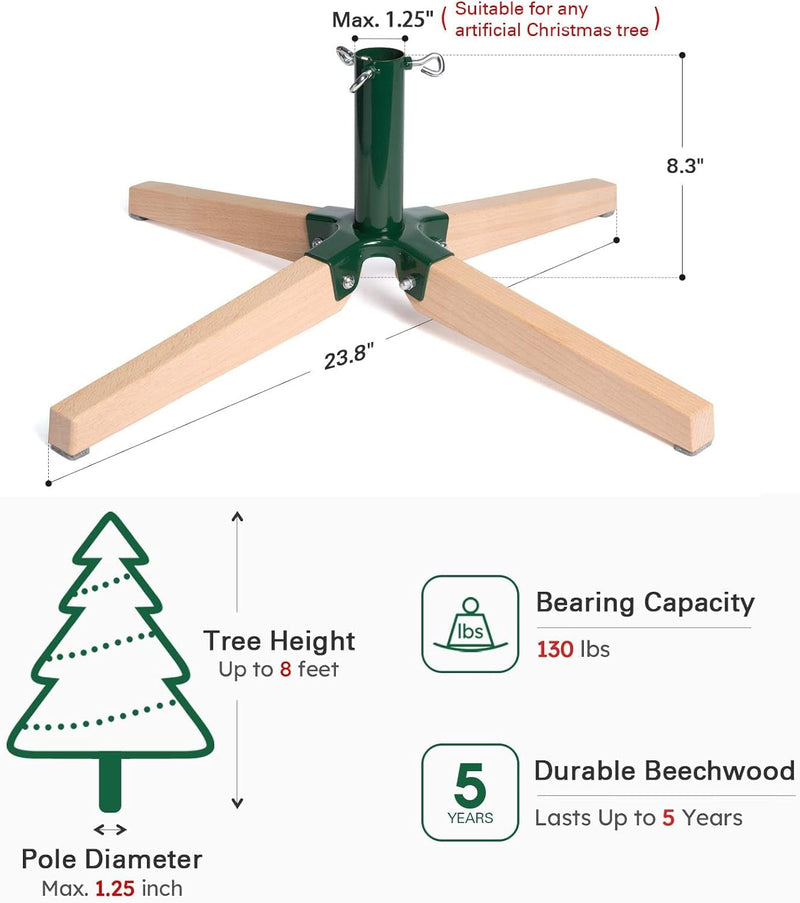 Foldable Christmas Tree Stand for 8Ft Artificial Trees, Heavy-Duty Metal and Beech Wood Base with Enhanced Threads, Stable Fit for up to 1.25 in Pole Diameter, Xmas Tree Decoration (Green)