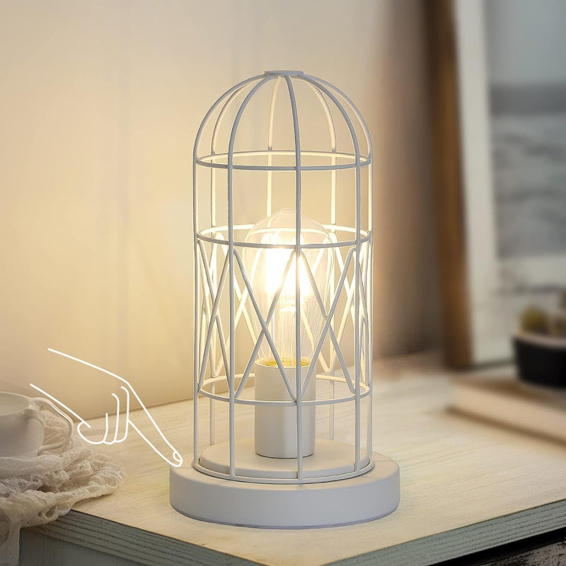 Bedside Touch Lamp, Small Table Lamp for Bedroom Living Room, 3 Way Dimmable Modern Nightstand Lamp, Simple Desk Lamp with White Metal Cage Shade, 2700K LED Bulb Included