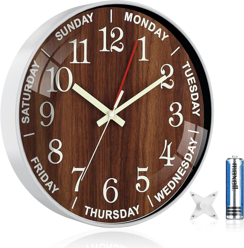 12 Inch Day of Week Wall Clock, Non Ticking Modern Clocks Battery Operated，Analog Day Clock for Seniors Eldly，Classic for Office Home Classroom School Living Room,Unique Gift Clock(Brown)