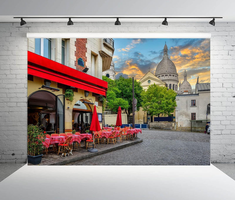 BELECO 10X6.5Ft Fabric Paris Street Cafe Backdrop for Photography Montmartre Cafe Restaurant Cathedral France Landmark Background Paris Theme Party Decorations Portrait Photoshoot Photo Studio Props