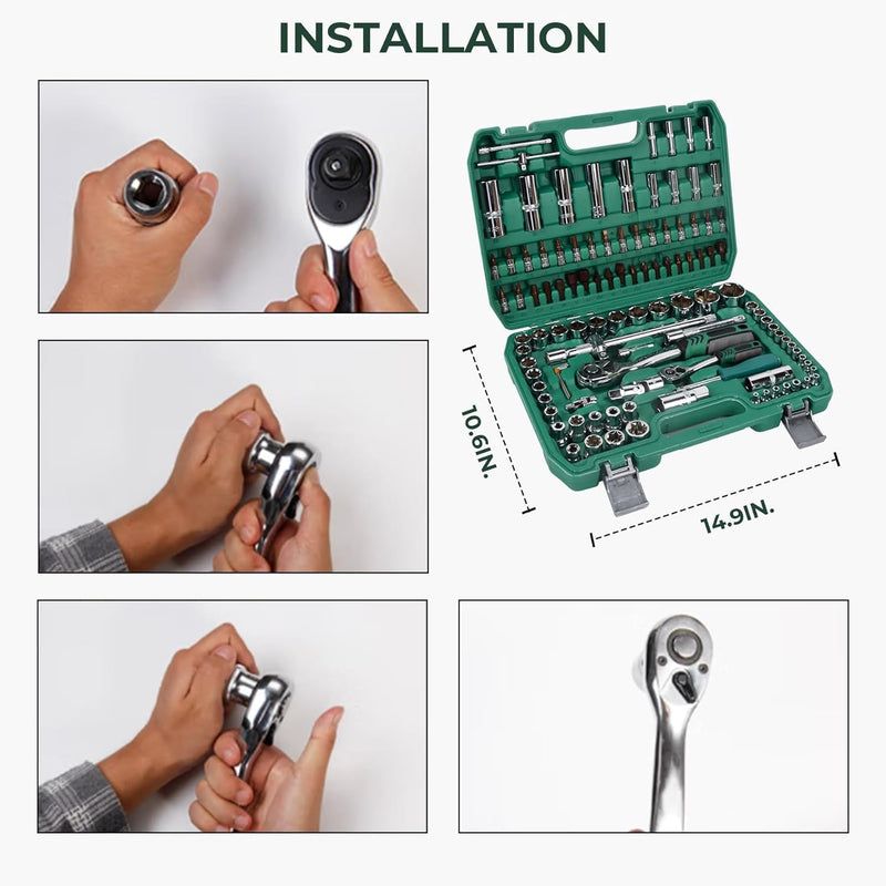 108Pcs 1/2" 1/4" Socket and Drive Tool Set Mechanics Tools Kit Sockets Ratchet Wrench Set Metric Drive Socket Set, 1/2" 1/4" Drive Sizes with Plastic Toolbox