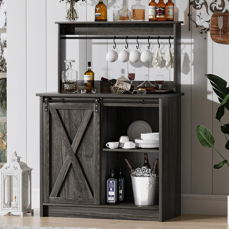 4Ever2Buy Farmhouse Coffee Bar Cabinet with 6 Hooks, 47'' Kitchen Coffee Bar with Hutch and 9 Wink Racks, White Coffee Bar Table with Sliding Barn Door for Dining Living Room