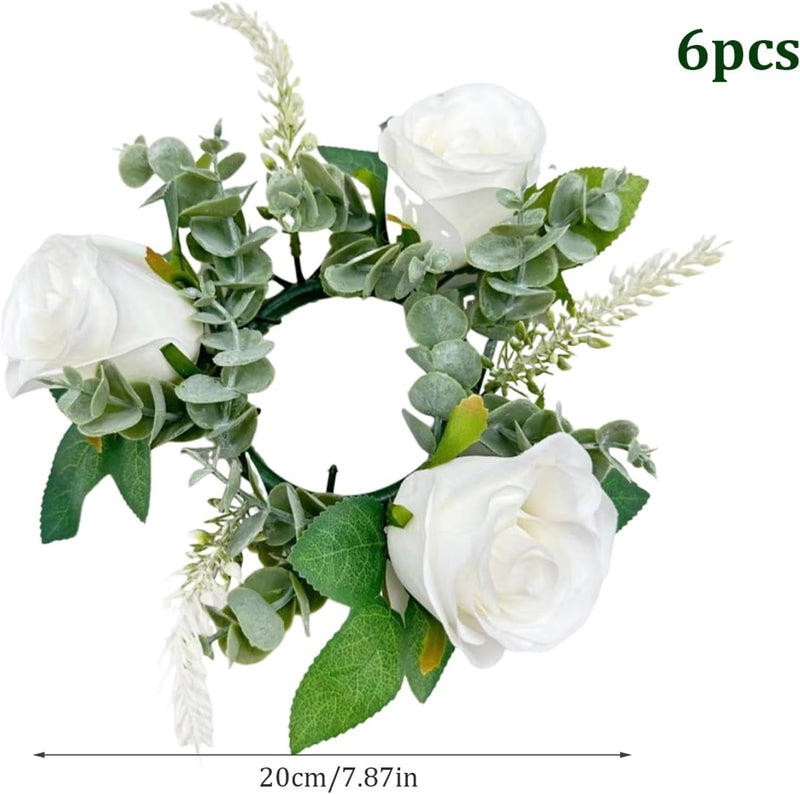 Candle Wreaths Rings 6PCS 7.9 Inch Artificial Rose Floral Candle Rings for Pillars Small Flower Wreath Candle Holder Wedding Centerpieces for Dining Table Decor White, Candle Rings Wreaths