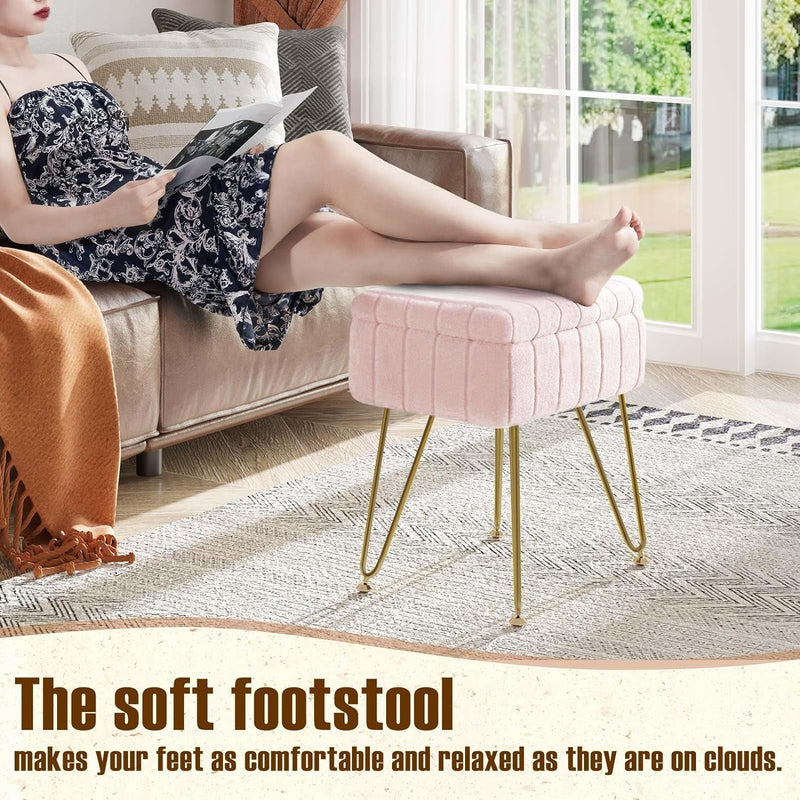 Greenstell Vanity Stool Chair Faux Fur with Storage, 15.7"L X 11.8"W X 19.4"H Soft Ottoman 4 Metal Legs with Anti-Slip Feet, Furry Padded Seat, Modern Multifunctional Chairs for Makeup, Bedroom Pink