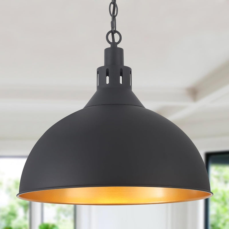 16" Farmhouse Pendant Light for Kitchen Island Black and Gold Large Dome Hanging Light Modern Industrial Pendant Light Fixtures for Dining Room Bedroom Hallway
