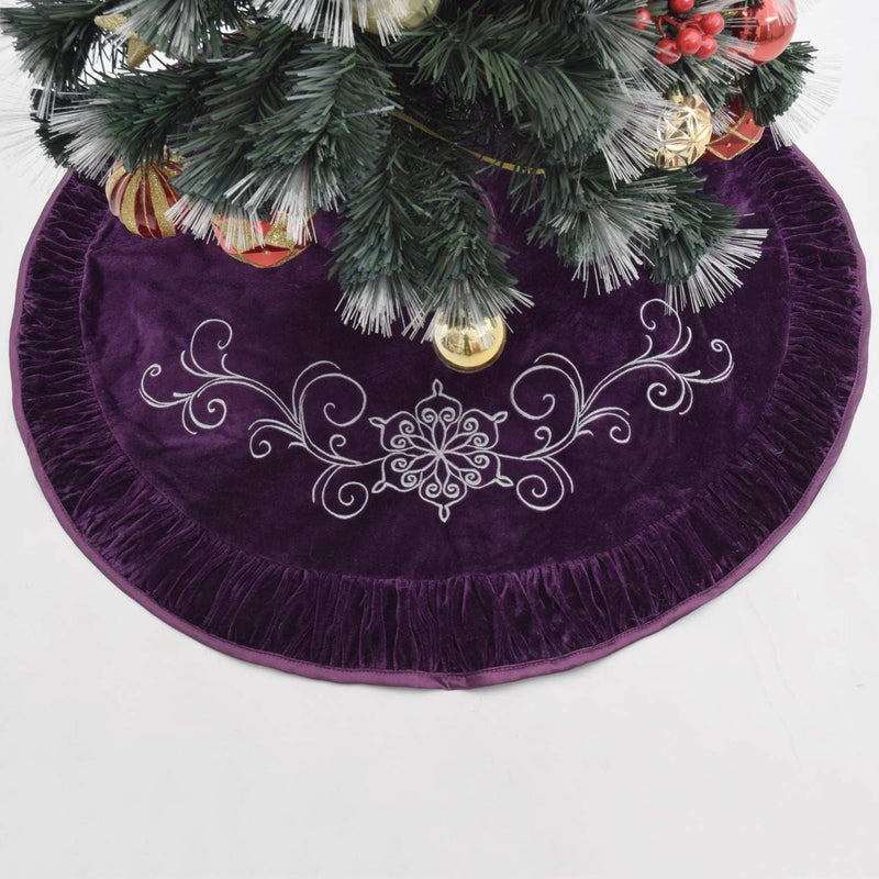 Gireshome Purple Velvet Flower Embroidered Center, Pleat Luxurious Velvet Border,Chritmas Tree Skirt, Xmas Christmas Holiday Party Decorations - 36Inch