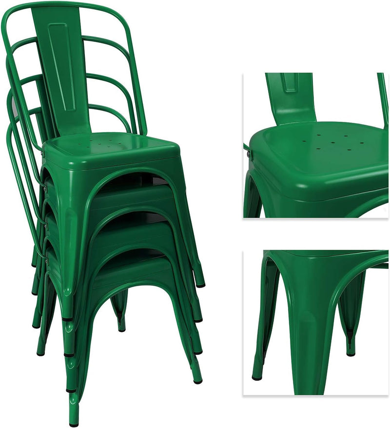 Devoko Metal Indoor-Outdoor Chairs Distressed Style Kitchen Dining Chairs Stackable Side Chairs with Back Set of 4 (Green)