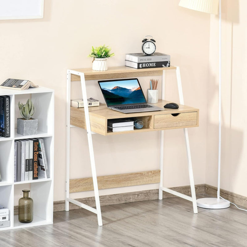 HOMCOM Home Office Desk, Computer Desk for Small Spaces, Writing Table with Drawer and Storage Shelves, Natural