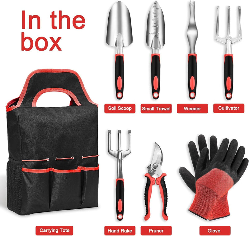 Garden Tool Set with Non Slip Rubber Grip,8 Piece Stainless Steel Gardening Tool Sets,Heavy Duty Outdoor Hand Tools Durable Storage Tote Bag,Uprooting Weeding Tool, Gifts for Women Men(Red)