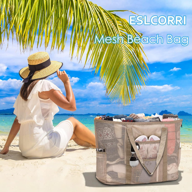 Eslcorri Mesh Beach Tote - Extra Large Beach Bag with 11 Pockets Foldable Tote Bag Women Oversized Pool Bag Travel Essentials