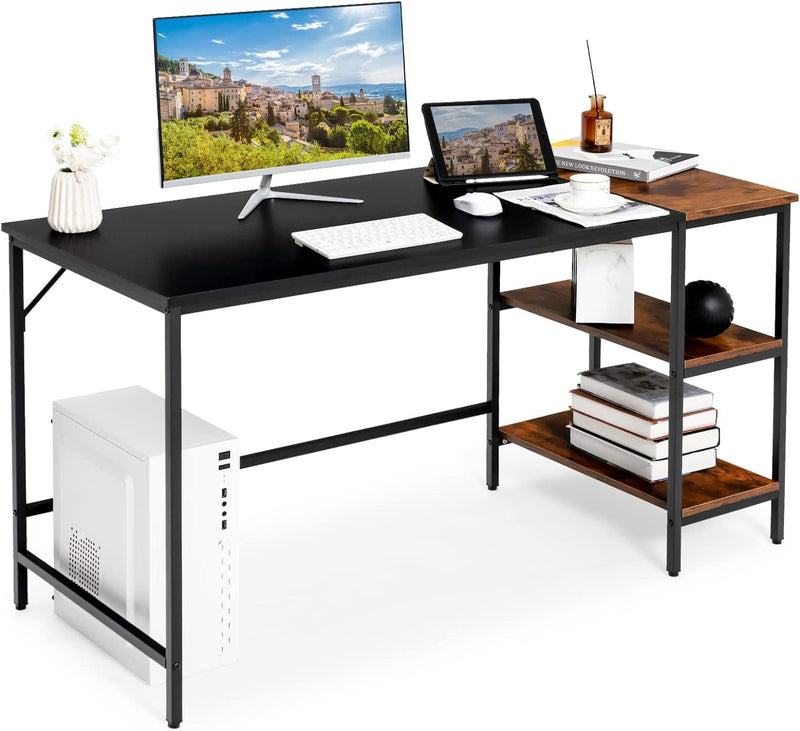 COSTWAY 55” Computer Desk, PC Laptop Desk with Storage Shelves, Large Computer Desk with Splice Board, Adjustable Foot Pads, Industrial Home Office Desk for Writing, Study, Game (Rustic Brown)