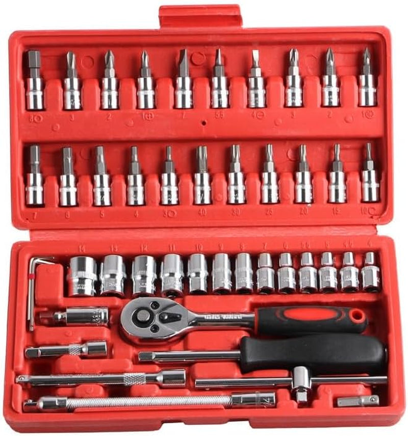 GJ 46 Piece 1/4" Drive Socket Ratchet Wrench Bit Repair Tool Kit - Ideal for Automotive Repairs, Mechanics, Chrome Vanadium Steel, Ergonomic Design, Quick-Release Ratchet Handle, Portable Case