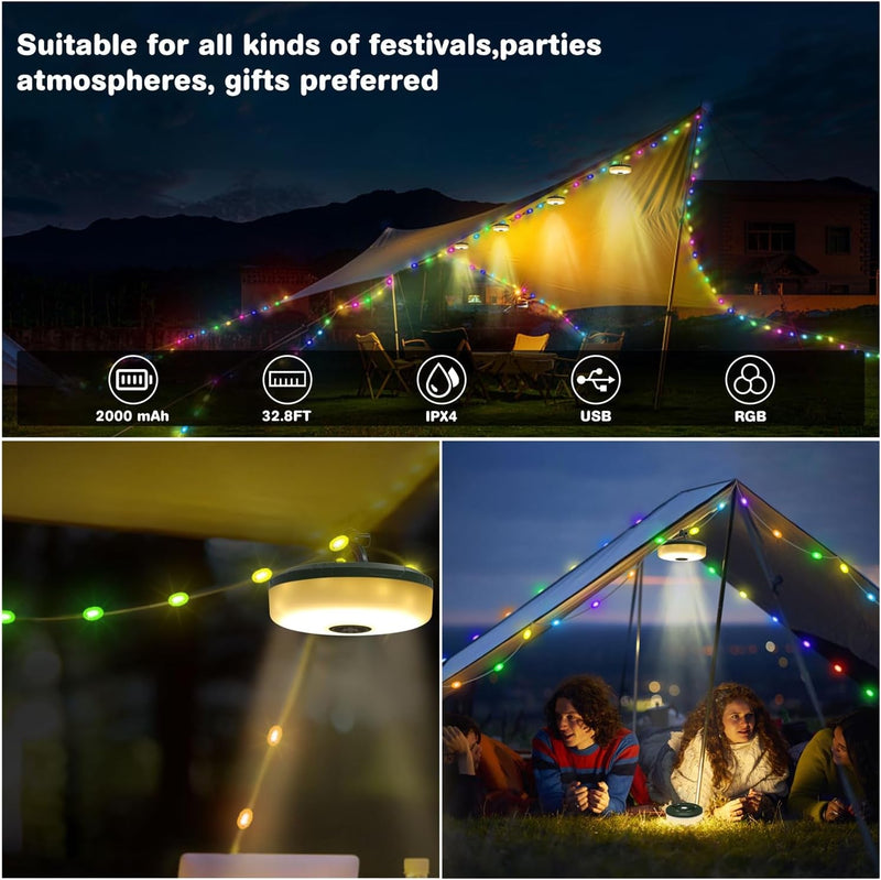 Camping String Lights, 2 in 1 Outdoor String Lights with 8 Lighting Modes(32.8Ft), Quick 30S Recovery, Durable and Waterproof, USB Charging, Rechargeable String Lights for Camping Yard Hiking