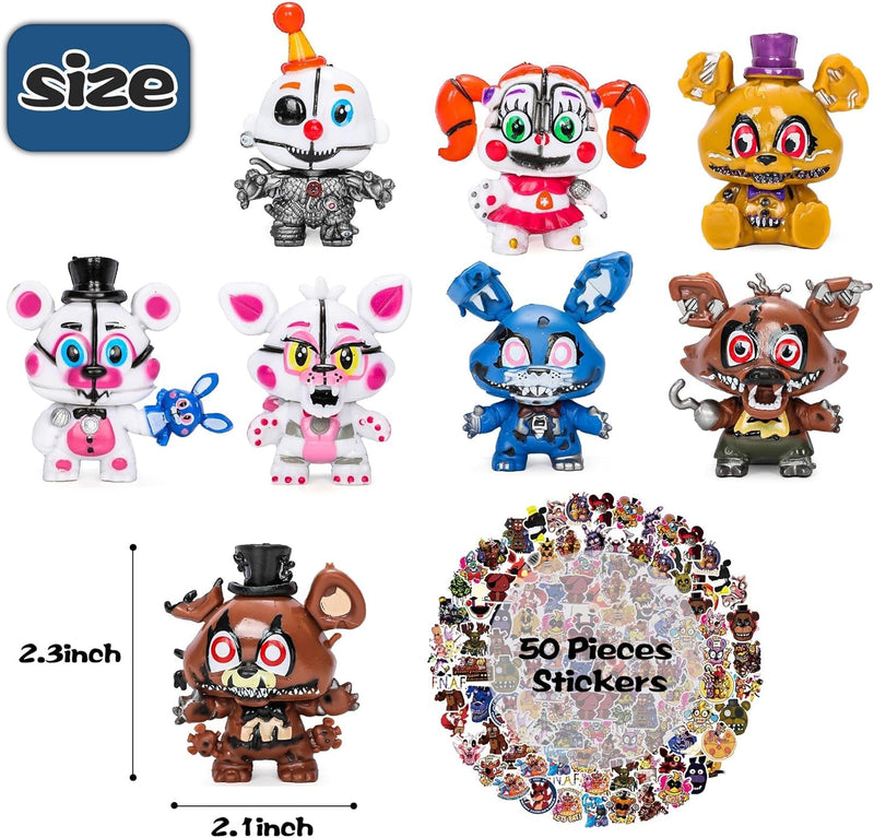 Five Night Game Figurines Toys - 8PCS Cute 5 Nights Figures Toys with 50PCS Sticker Inspired by the Game Five Night Figures - Ornaments for Birthday Party Cake Decorating Supplies