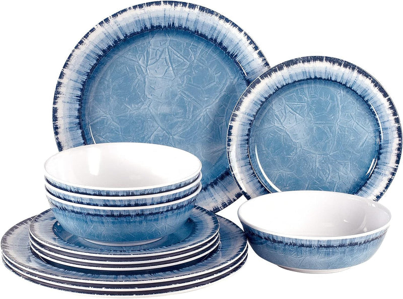 AELS Melamine Dinnerware Set of 12 Pcs Dinner Dishes Set for Indoor and Outdoor Use, Dishwasher Safe, Lightweight Unbreakable, BPA Free, Light Blue