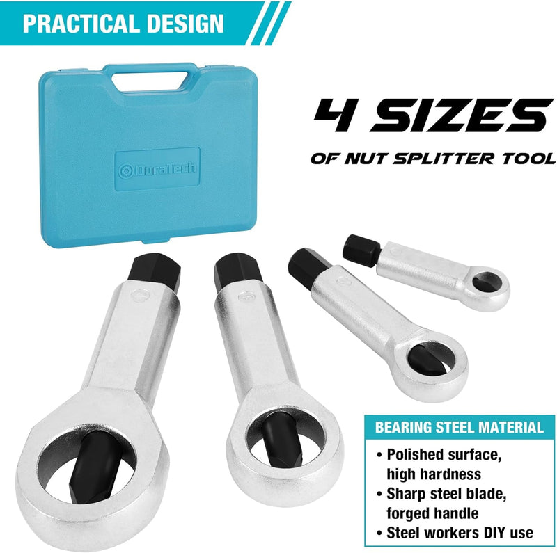 DURATECH 4 Pcs Metal Nut Splitter Kit, Heavy Duty Splitter Breaker Manual Pressure Nut Cracker Remover Extractor Tool, Comes with Portable Box (Size: 9-12Mm, 12-16Mm, 16-22Mm, 22-36Mm)