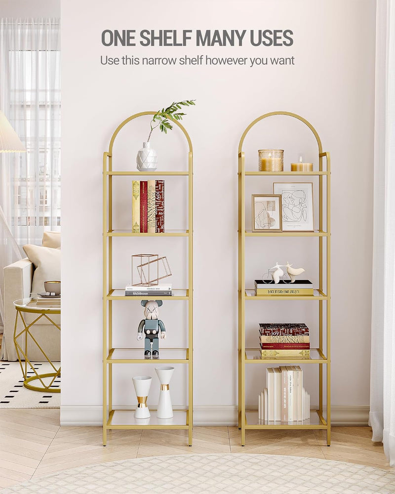Bookcase Bookshelf, Tempered Glass Bookshelves, Slim Shelving Unit for Bedroom, Bathroom, Home Office, Steel Frame, 5 Tier Gold BC05001G