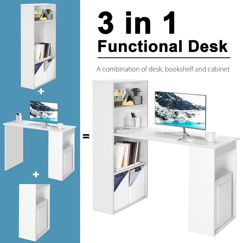 Computer Desk with Bookcase, 48” Modern Writing Table Desk with Storage Shelves and CPU Stand, Reversible Study Workstation for Home Office Bedroom (White)