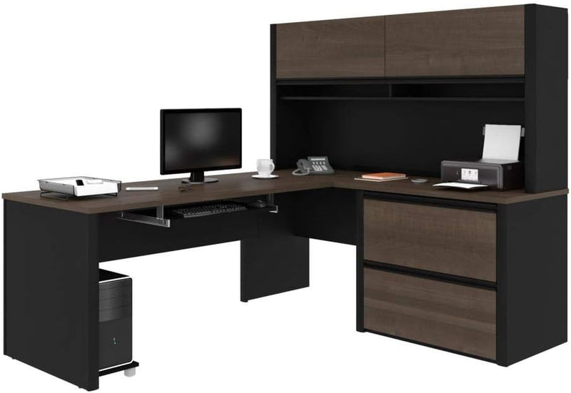 BESTAR Connexion L-Shaped Desk with Hutch and Lateral File Cabinet, 72W, Slate/Sandstone