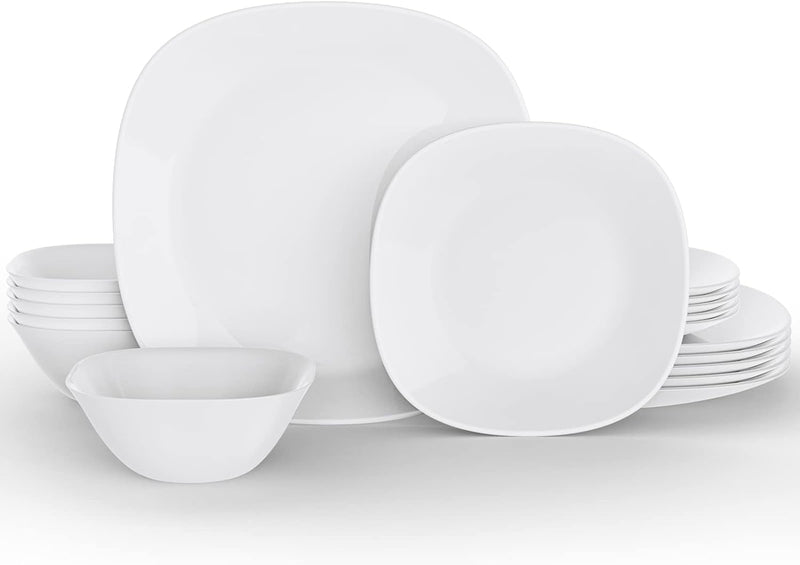 Dinnerware Set, MEKY 18-Piece Opal Dishes Sets Service for 6,Square Plates and Bowls Set-White