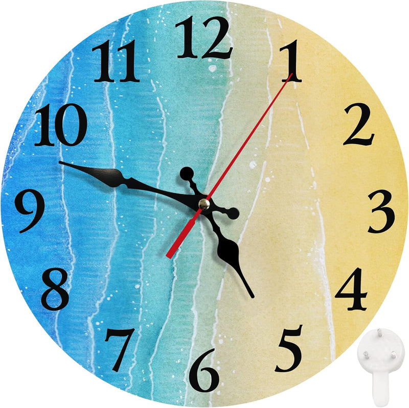 Britimes round Wall Clock Non-Ticking Silent Battery Operated Clock 10 Inch, Sea Beach Blue Sky Sand Home Decor for Living Room, Kitchen, Bedroom, and Office