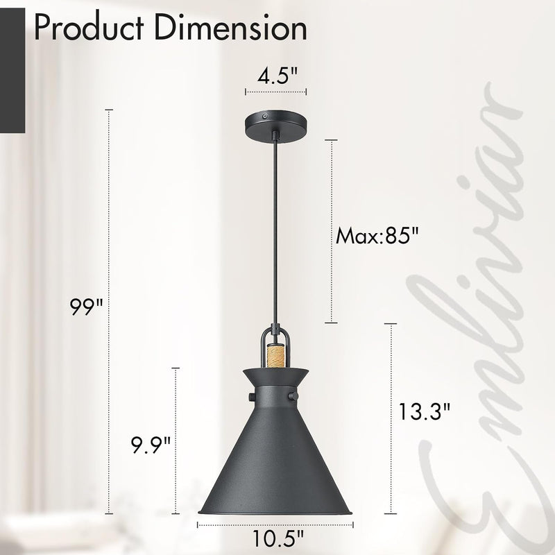 Emliviar 1-Light Hanging Lamp for Bedroom 10.5 Inch, Industrial Pendant Lights Kitchen Island in Black Finish, Dome Metal Lampshade, YSE2MIL BK