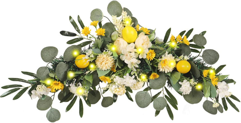 27.5In Artificial Flower Swag with Lemon Berry, Simulation Lemon Lintel Wreath Wall Hanging Lintel Garland, Spring Summer Fruit Floral Swag Wreath for Wedding Home Party Door Wall(With Light)