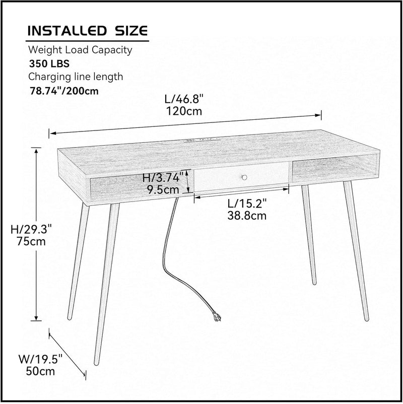 Computer Desk with Drawers and Charging Port, 46.8" Mid Century Home Office Computer Desk with USB Port and Power Outlet for Small Space, 3-Drawer Multifunctional Study Writing Desk, Black