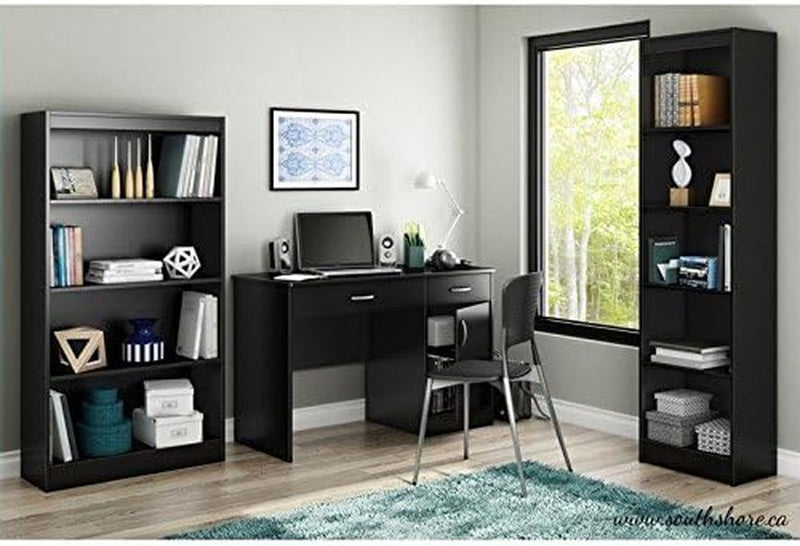 BOWERY HILL Modern Computer Desk with Keyboard Tray, Wood Writing Desk with Drawers and Shelves for Home Office, Black