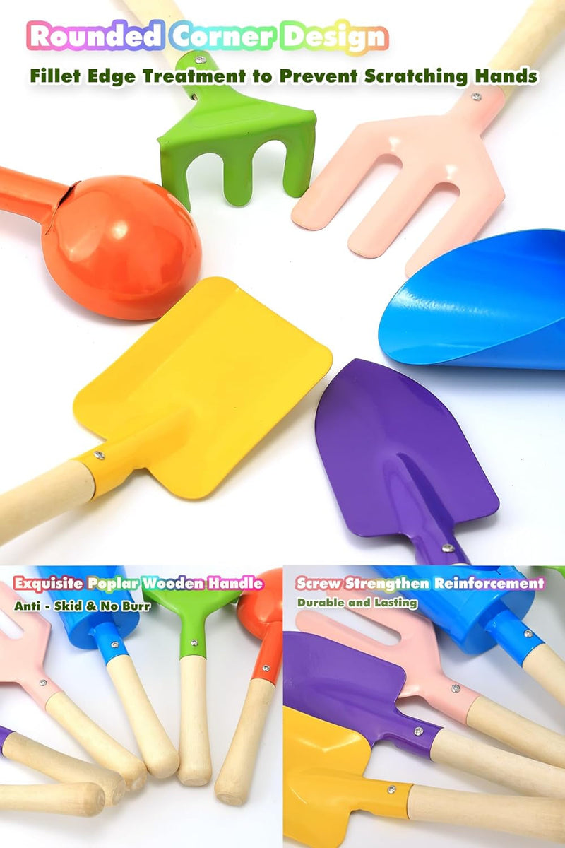 6 PCS 8" Kids Garden Tools, Made of Metal with Sturdy Wooden Handle, Beach Snow Toys Cylinder, Spoon, Fork, Rake, Flat & Pointed Shovels for Children