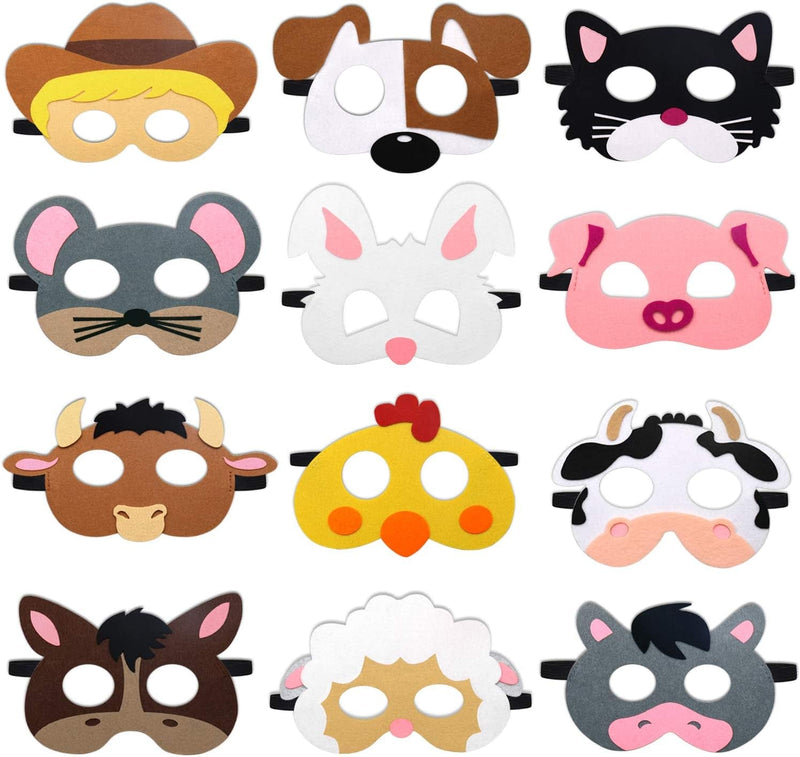 Ciyvolyeen Farm Animal Party Masks Barnyard Animal Felt Masks for Petting Zoo Farmhouse Theme Birthday Party Favors Kids Costumes Dress-Up Party Supplies(12 Pieces)