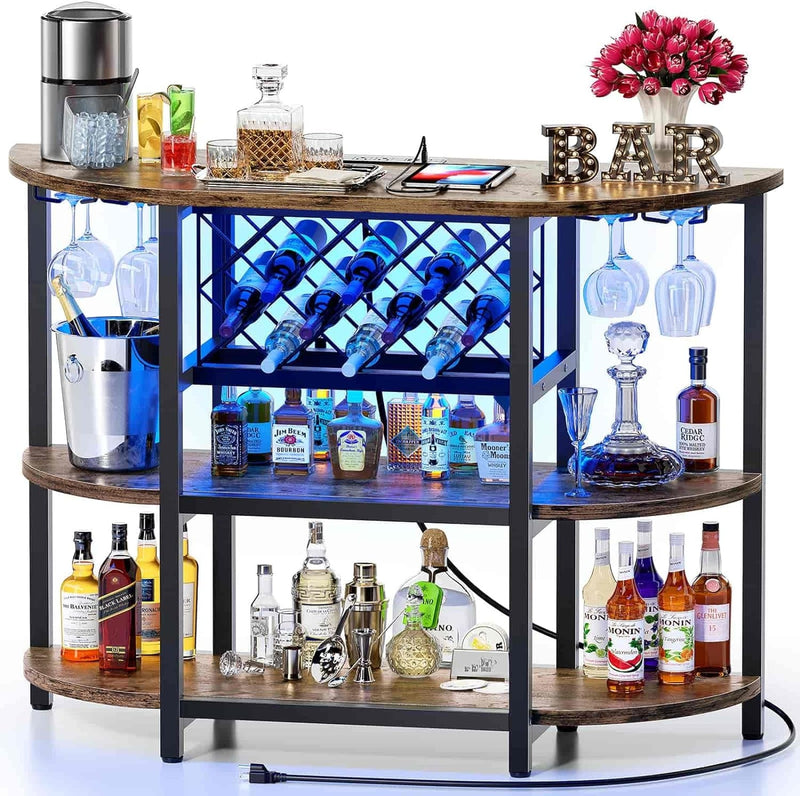 Bar Table Cabinet with Power Outlet, LED Home Mini Bar Cabinet for Liquor, Metal Wine Bar Stand with 4-Tier Storage, Easy to Assemble, Grey