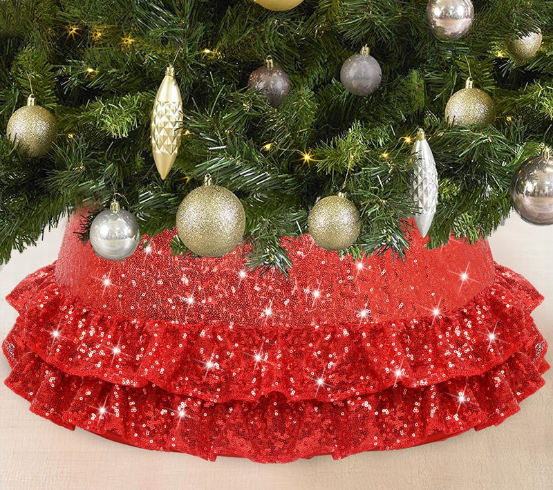 FOTSHARER Silver Christmas Tree Collar 23.6 Inch Sequin Tree Stand Collar round Xmas Tree Collar for Pencil Tree Ruffle Christmas Tree Stand Cover Sparkle Tree Rings for Merry Christmas Decorations