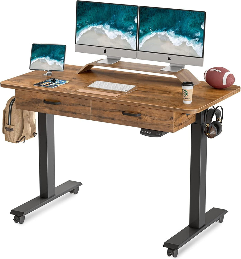 BANTI Adjustable Height Electric Standing Desk, Stand up Home Office Desk with Splice Tabletop, Black Frame/Rustic Brown Top