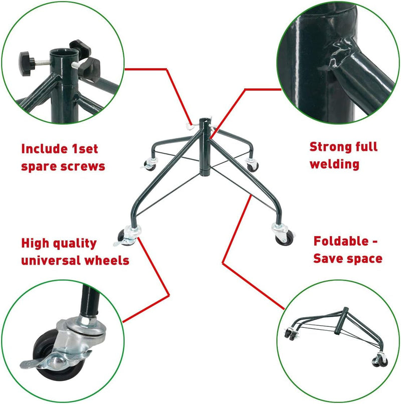 ELFJOY Christmas Tree Stand with Swivel Caster Wheels for 3-7Ft. Artificial Tree Base 17Inch, Christmas Tree Iron Stand, 7/8Inch Inner Diameter, Movable Tree Base, Green Tree Stand (Green)