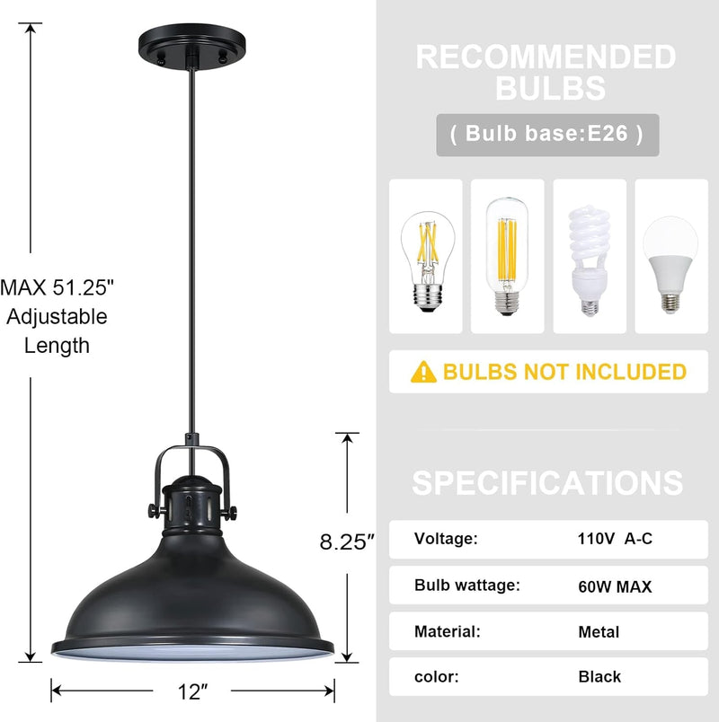 Doraimi Lighting 3 Pack 1 Light Pendant Light Industrial Vintage Fixtures Metal Chandelier Lights Painting Black Finish,Ceiling Lamp for Kitchen Home Island Dining Room Bedroom Farmhouse