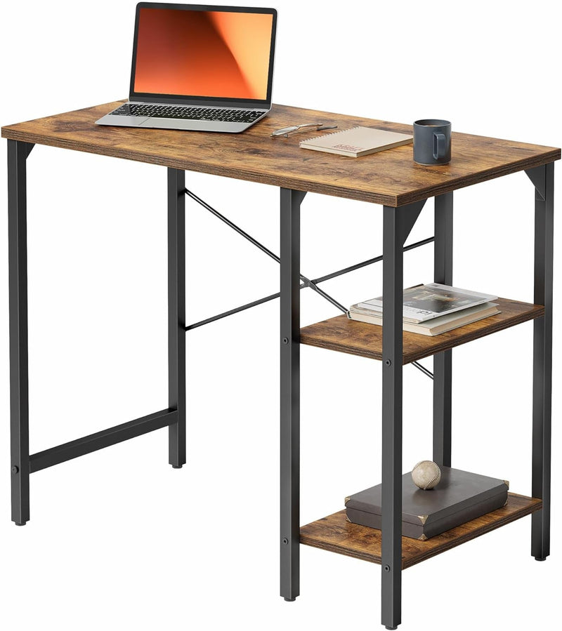 BANTI Small Computer Desk, 35 Inch Home Office Desk with 2Storage Shelves on Left or Right Side, Study Writing Desk with Storage Bag, Rustic Brown