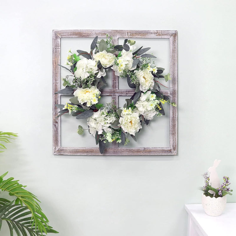 20 Inch Front Door Wreath with White Peony Flowers Green Eucalyptus Leaves and Wild Flowers for Window Wall Farmhouse Home Decor