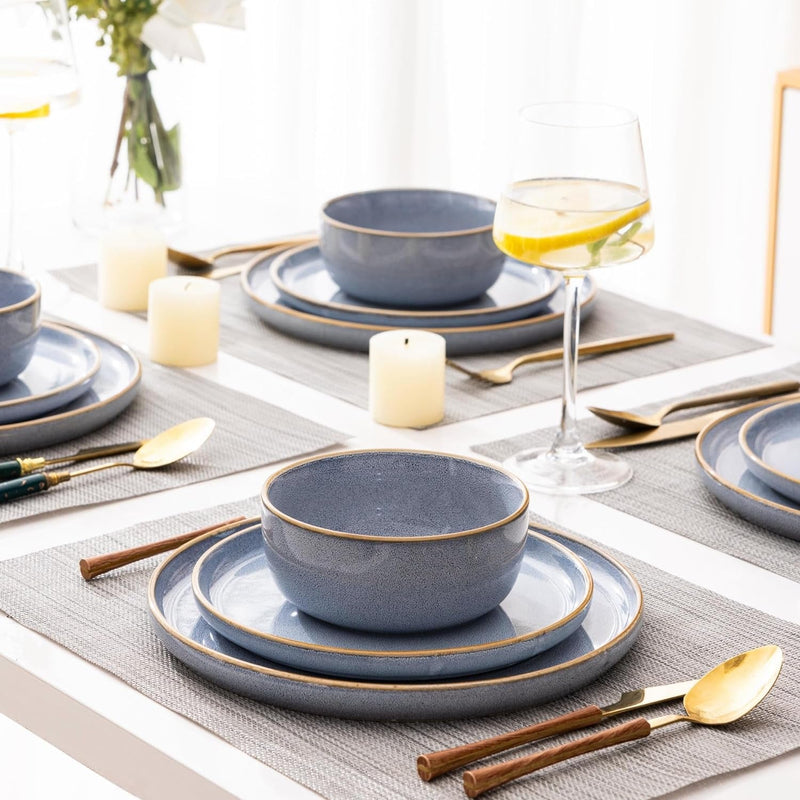 Ceramic Dinnerware Sets for 4, 12 Pieces Stoneware Plates and Bowls Sets, Chip and Scratch Resistant Dishe Set for Dinner, Dishwasher & Microwave Safe, Brunnera Blue