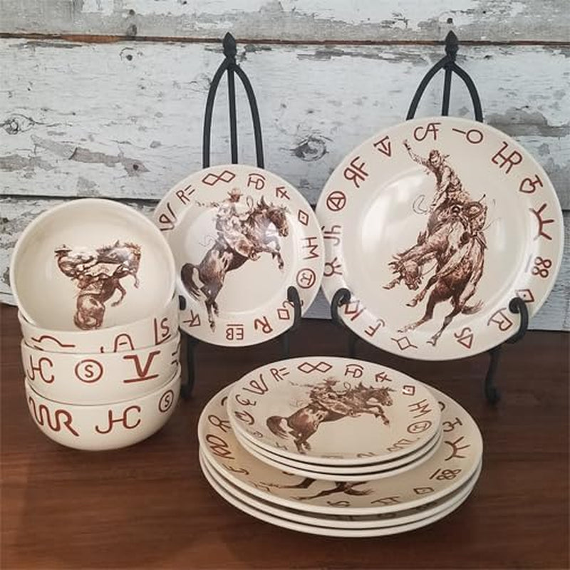 Broncs & Brands 12 Piece Dinnerware Set of Four Place Settngs, Including Dinner Plates, Salad Plates, and Dinner Bowls